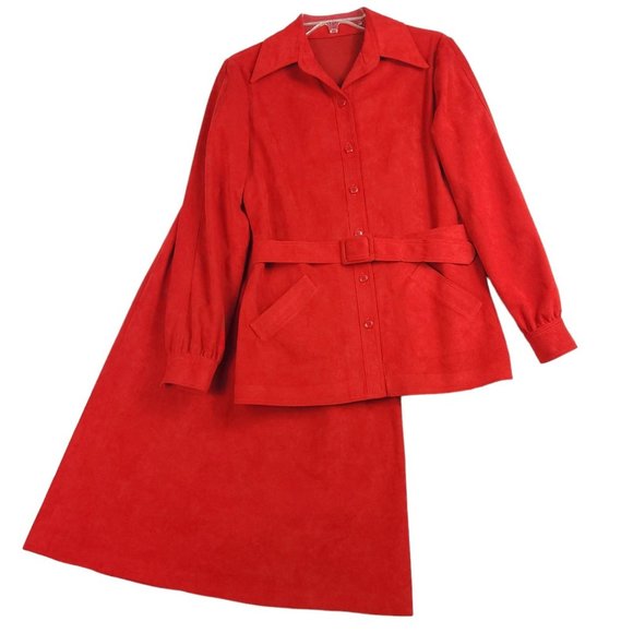 Vintage Dresses & Skirts - Vintage Ultra Suede Womens Skirt Suit Size 8 Red 2 Piece Belted Jacket Aline